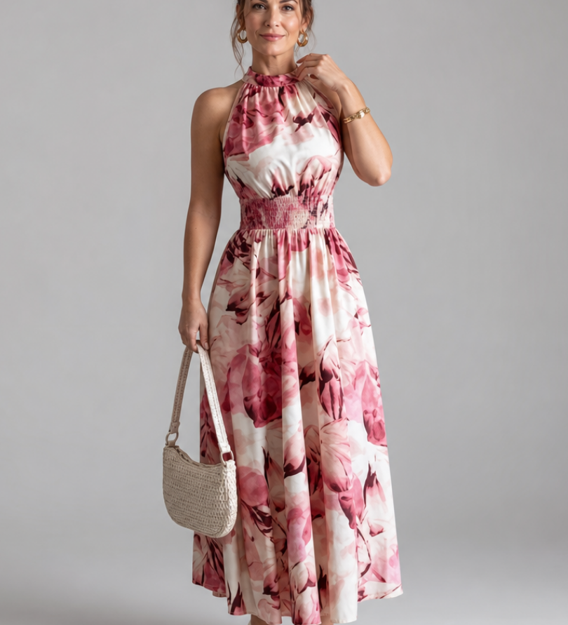 Olivia | Vestido Midi com Cintura Ajustada e Estampado Abstrato