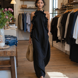 Helene | Vestido Maxi Sem Mangas em Linho com Rendas