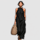 Helene | Vestido Maxi Sem Mangas em Linho com Rendas