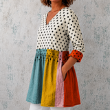 Valérie | Blusa longa de linho com pontos e detalhes em cor block