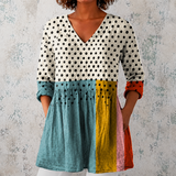 Valérie | Blusa longa de linho com pontos e detalhes em cor block