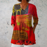 Lucie | Blusa longa de linho com impressão artística abstrata