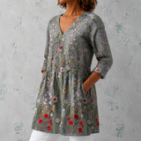 Amélie | Blusa longa de linho com bordado de flores silvestres