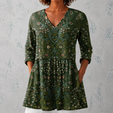 Julie | Blusa longa em linho com padrão de tapeçaria botânica