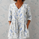 Jeanne | Blusa de Linho Longa com Ramos de Flores Aquareladas
