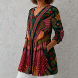 Manon™ | Blusa longa em linho com impressão étnica boémia