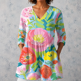 Hélène | Blusa longa de linho com grandes flores pintadas