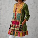 Émilie | Blusa longa em linho com padrão boémio em patchwork e bordas decoradas