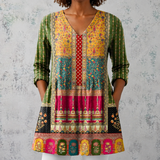 Émilie | Blusa longa em linho com padrão boémio em patchwork e bordas decoradas