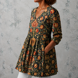 Céline | Blusa longa em linho com padrão de papel de parede vintage de flores