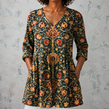 Céline | Blusa longa em linho com padrão de papel de parede vintage de flores