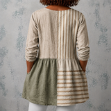 Camille™ | Blusa longa em linho com patchwork de riscas e blocos de cor sólida