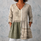 Camille™ | Blusa longa em linho com patchwork de riscas e blocos de cor sólida