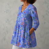 Aline | Blusa de Linho Longa com Estampado de Campos de Flores e Borboletas