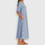 Cecily | Vestido Midi Listrado com Detalhes de Botão e Bolsos