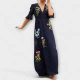 Beatrice - Vestido Elegante Azul Marinho com Bordado Floral