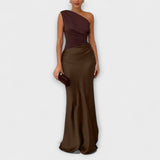 Vestido Maxi Plissado Elegante de Um Ombro