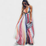 Vestido de Senhora Listrado Multicolorido com Decote em V