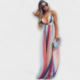 Vestido de Senhora Listrado Multicolorido com Decote em V