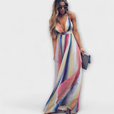 Vestido de Senhora Listrado Multicolorido com Decote em V