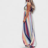 Vestido de Senhora Listrado Multicolorido com Decote em V