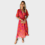 Katty – Vestido Midi com Decote em V, Padrão Floral e Mangas Bufantes