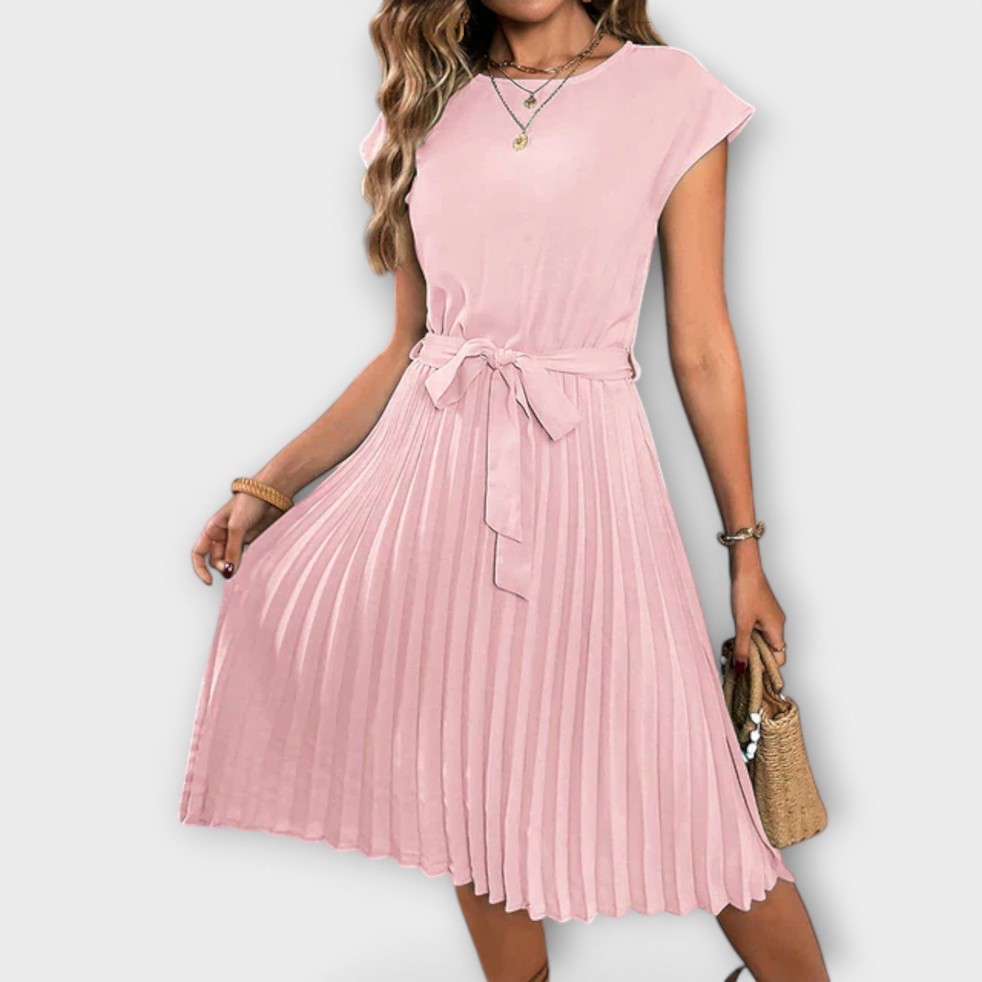 Claire - Vestido Midi Casual de Manga Curta Plissado