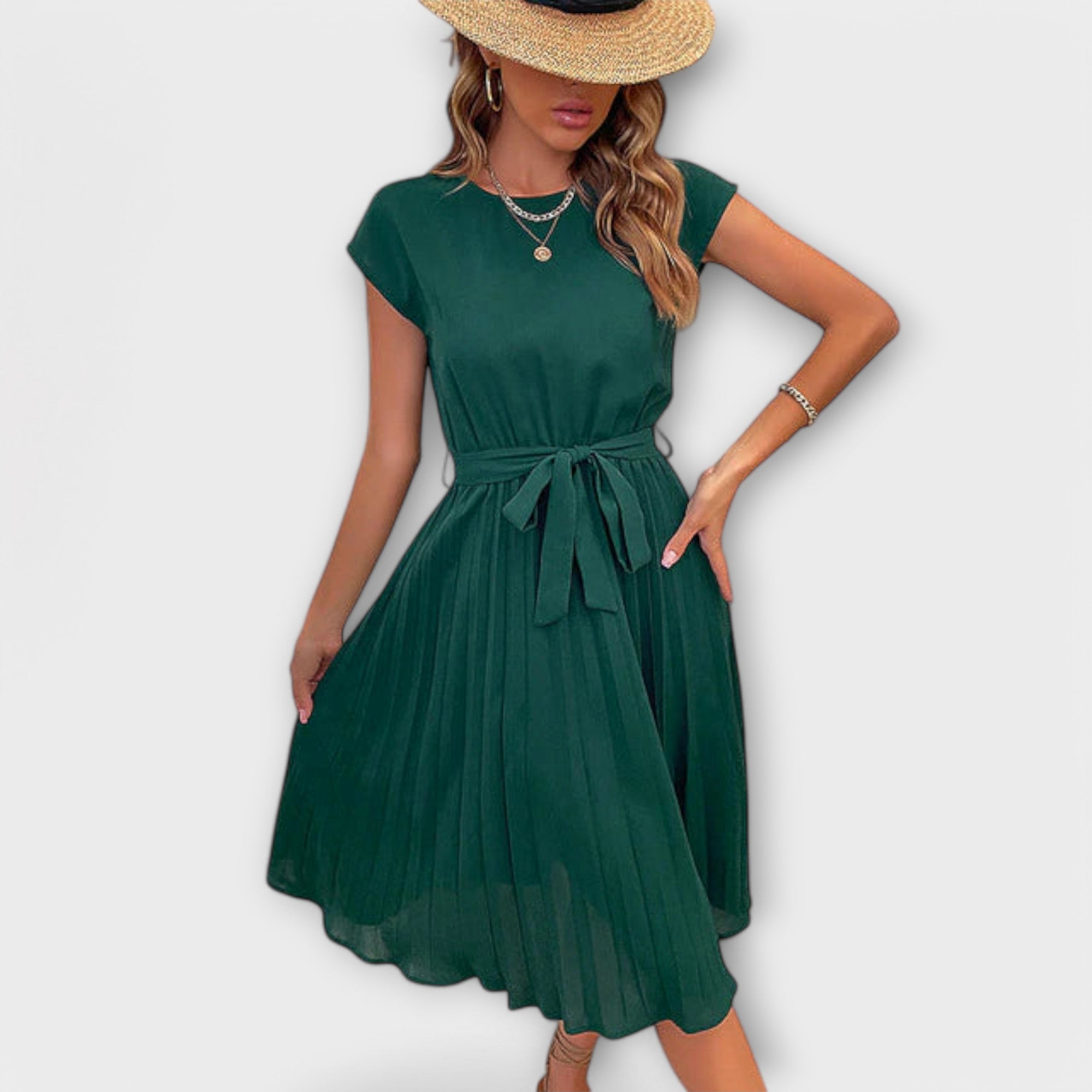 Claire - Vestido Midi Casual de Manga Curta Plissado