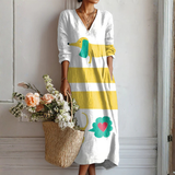 Mechthild | Vestido Midi com Riscas e Motivo de Pássaro