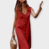 Nora – Vestido em A de Algodão e Linho com Colarinho Dobrável