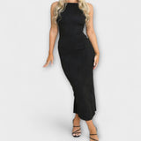 Vestido longo sem mangas drapeado elegante