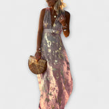 Vestido fluido com decote em V e detalhes em lantejoulas