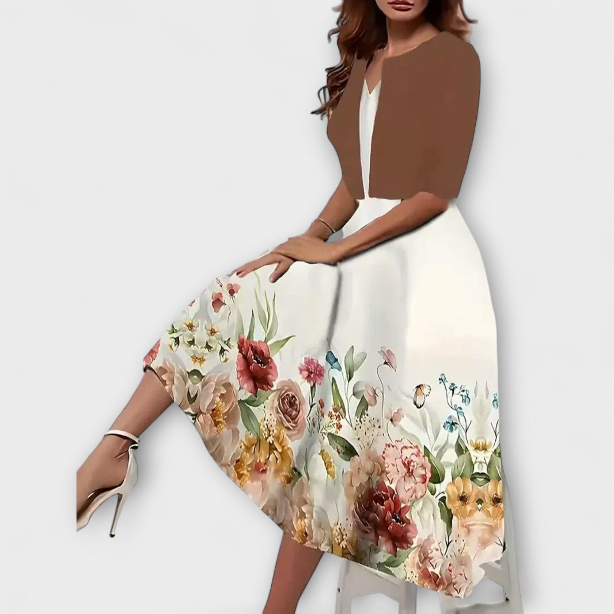 Cornelia | Vestido Midi em Look de Dois Peças com Estampado Floral