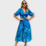 Vestido Maxi Abstrato com Mangas Bufantes