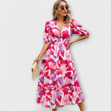 Vestido Maxi Abstrato com Mangas Bufantes