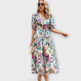 Vestido Maxi Abstrato com Mangas Bufantes