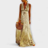 Vestido fluido com decote em V e detalhes em lantejoulas