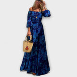 Juniper - Vestido Maxi Off-Shoulder com Pregas Florais