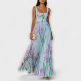 Vestido Maxi de Chiffon Floral Plissado