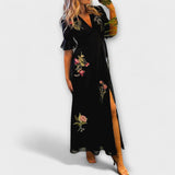 Beatrice - Vestido Elegante Azul Marinho com Bordado Floral