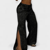 Nola - Jeans de cintura alta com strass e botões laterais