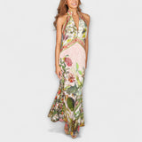 Ayla - Vestido Maxi Sem Mangas com Costas Abertas em Padrão de Flores