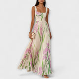 Vestido Maxi de Chiffon Floral Plissado