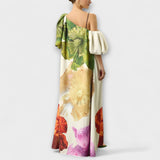 Skylar - Vestido Maxi com Estampado Floral, Decote Assimétrico e Mangas Bufantes