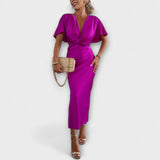 Sable - Vestido Maxi Slim Fit de Satin com Decote em V e Nó Cruzado
