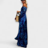 Juniper - Vestido Maxi Off-Shoulder com Pregas Florais