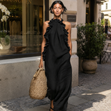 Helene | Vestido Maxi Sem Mangas em Linho com Rendas