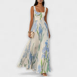 Vestido Maxi de Chiffon Floral Plissado