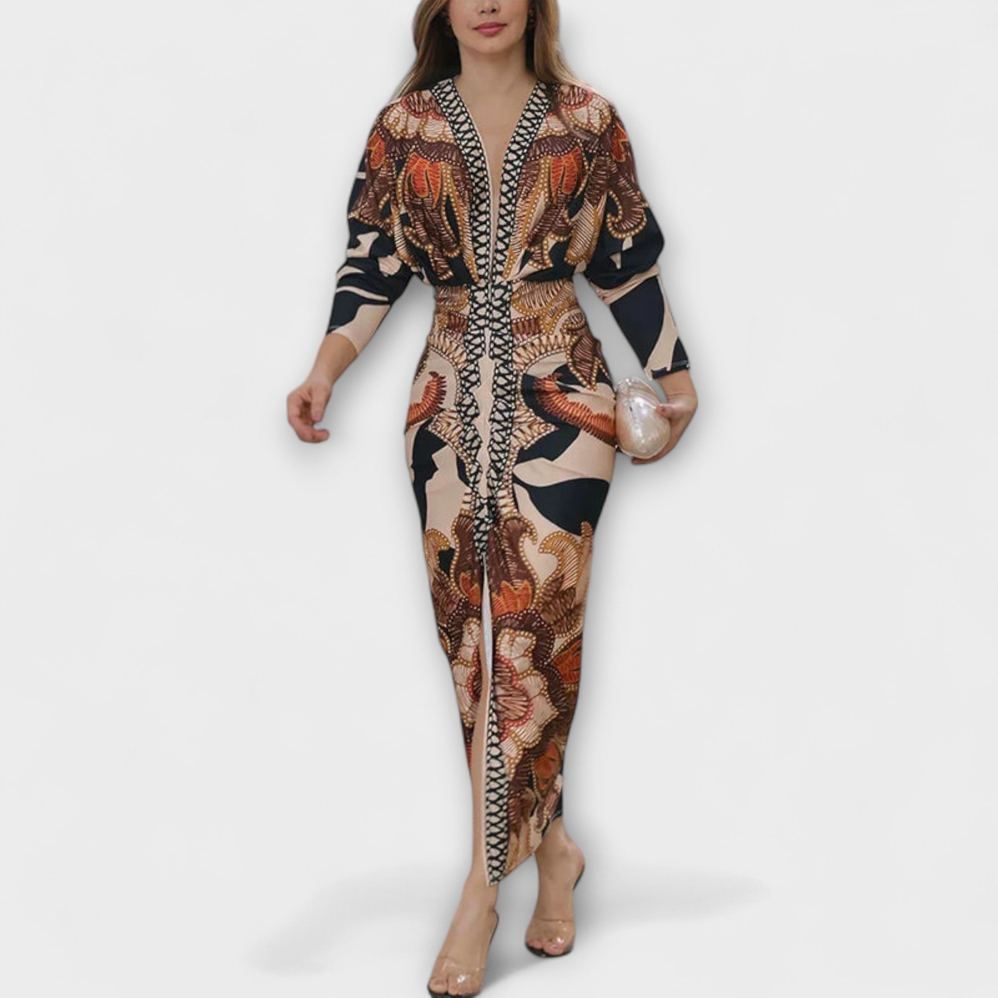 Cleo – Vestido Midi Dolman com Estampa Brasileira