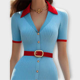 Sina - Elegante Vestido Lápis em Azul Bebé com Malha Canelada